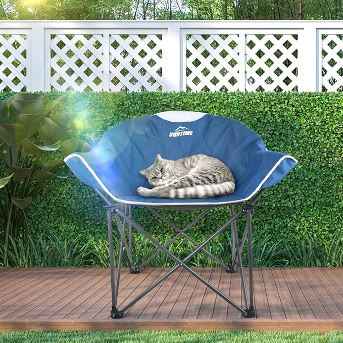 OUTDOOR LIVING SUNTIME Oversized Padded Camping ChairPortable Comfy Outdoor Folding Moon Round Saucer Chairs for Adults with Holder and Carry Bag Perfect for Hiking Lawn Patio Sports（Blue 2 Pack）