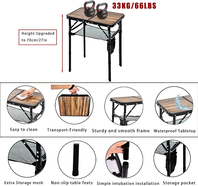 Mini Folding Camping Table - 2ft Lightweight Adjustable Height with Carry Handle Anti-Stain Desktop for Outdoor Glamping/Picnic/Patio &amp Indoor Decor (24 L×16 W)