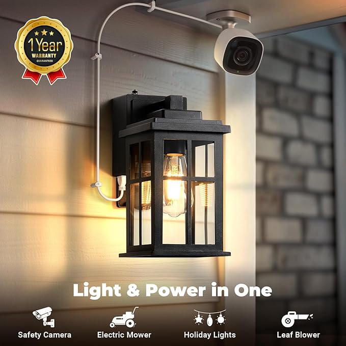 Porch Light with GFCI Outlet Black Dusk to Dawn Outdoor Lighting Waterproof Exterior Lighting Fixtures Outdoor Light with Outlet for House Garage Backyard Easy Installation Waterproof