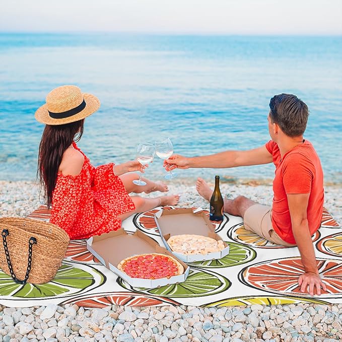 Waterproof Sandproof Beach Blanket 59''×68'' Simply Lemon Polyester Outdoor Picnic Blanket with 4 Stakes &amp Storage Bag for BeachCampingVacation White