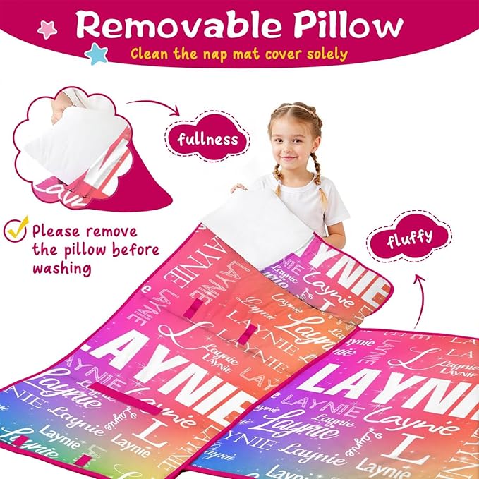 Personalized Name Toddler Nap Mat for Daycare Preschool Kindergarten Customized Kids Sleeping Bag with Pillow and Blanket for Girls Boys Custom Name Monogrammed Nap Mats for Toddlers