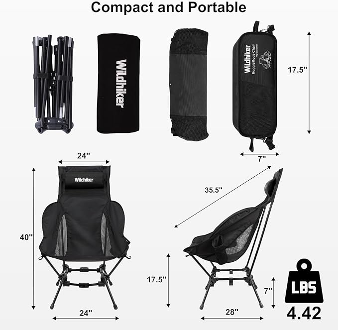 Wildhiker Compact High Back Camping Chair - Foldable with Dual Sitting Modes Pillow Arm Pads and Side Pockets - Lightweight Portable Chair for Motorcycle RV Festival Travel - Black