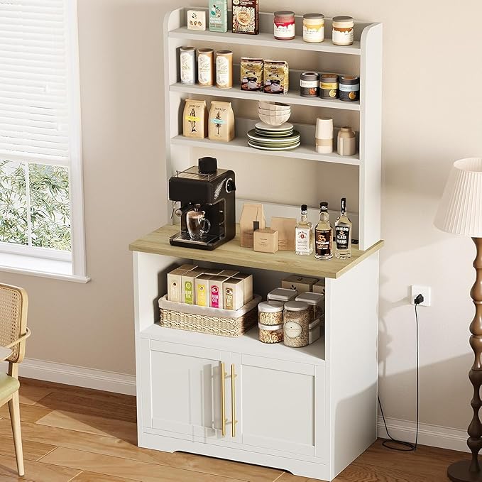 GAOMON Farmhouse Bakers Rack with Storage Cabinet and Charging Station Kitchen Hutch with Thickened Tabletop Power Outlets &amp USB Ports Pantry Organizer Shelf for Kitchen and Dining Room Wood