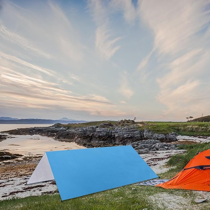 STOBAZA Waterproof Polyester Tent Tarp Shelter Sun Protection Camping Hammock Rain Fly with Ground Cloth Azure 3-4 Person Outdoor Beach Shelter for Hiking and Camping