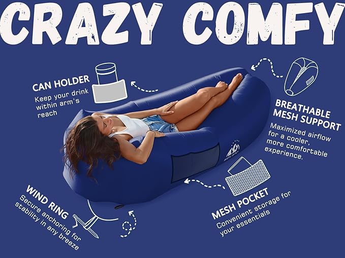 WEKAPO Inflatable Couch with Pump - Easiest Setup Crazy Comfy &amp Ultralight - Blow up Lounger Chair Perfect for Hiking Camping Beach Festivals - Lightweight Air Sofa for Relaxing Anywhere (Navy