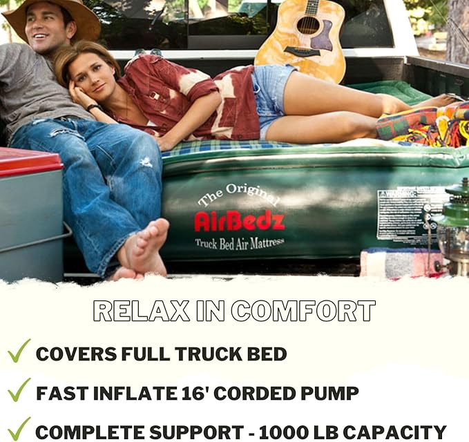 Pittman Outdoors AirBedz Lite PPI PV202C Full Size Short 6'-6.5' Truck Bed Air Mattress with DC Corded Pump (76x63x12 Inflated)GreenFull Size Beds