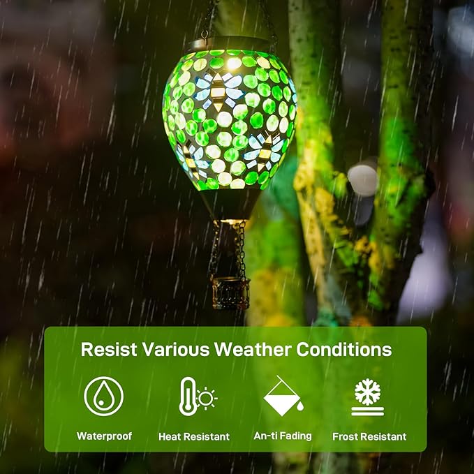 Bee Solar Hot Air Balloon Lantern Outdoor Waterproof Green Mosaic Glass Hanging Solar Lantern Lights Outdoor Hanging Lights for Patio Yard Garden Gift for Mom Grandma Women