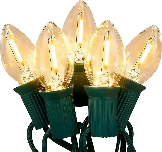 50Ft LED Christmas Outdoor String Lights C7 Vintage String Lights with 27 0.6W Warm White Bulbs Clear Christmas Lights for Holiday Party Backyard Wedding Garden Patio Porch Decor Green Wire
