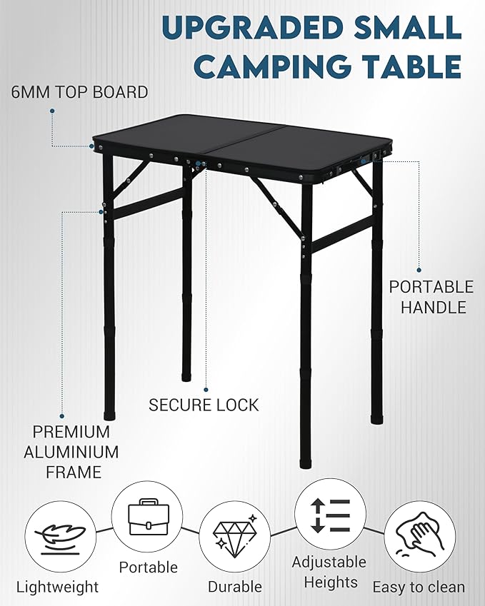 LOFTEY Small Folding Camping Table 2ft Aluminum Portable Folding Table 3 Adjustable Heights | Portable Handle | Lightweight for Travel &amp Outdoor 23.6 x 15.7 x 27.5H Black