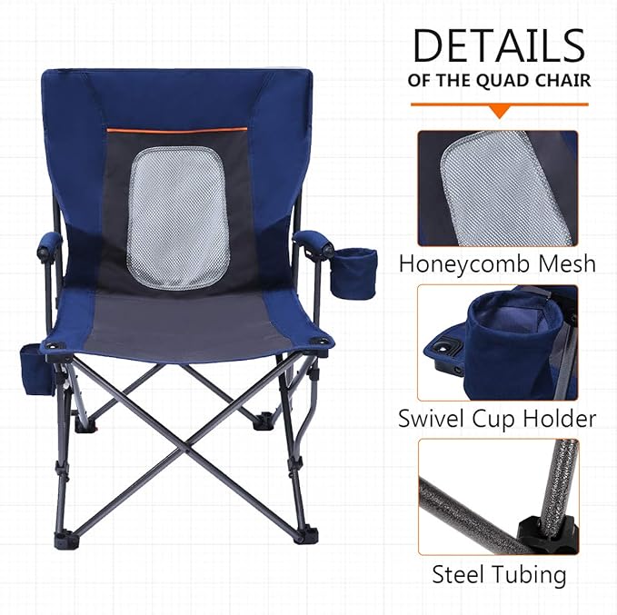 PORTAL Folding Camping Chair Comfortable Portable Lawn Chairs Lightweight Foldable Outdoor Camp Chair for Adults Supports up to 300 lbs Blue