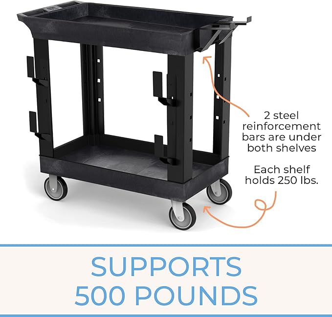 Stand Steady Tubstr 2 Shelf Utility Cart | Heavy Duty Service Cart Holds 400 lbs. | Adjustable Storage Hooks Ladder &amp Spool Holders | Tub Cart for Warehouse Garage School &amp Office (32 x 18i