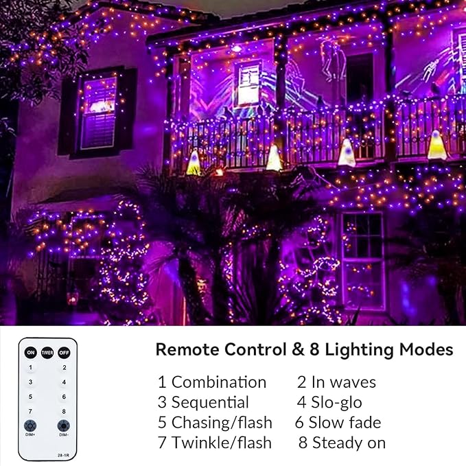 Purple and Orange Halloween Lights 800LED 330FT String Lights 8 Modes Timer Plug in Waterproof Indoor Outdoor Christmas for Garden Party Decoration JT-EL/FC300V0200