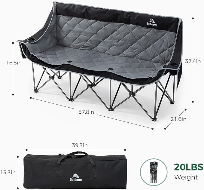 3 Person Camping Chair Oversized Padded Loveseat Camping Chairs Heavy Duty Folding Outdoor Couch with Cup Holder &amp Phone Side Pocket Extra Wide Outdoor Loveseat for Camping Tailgating Lawn Black
