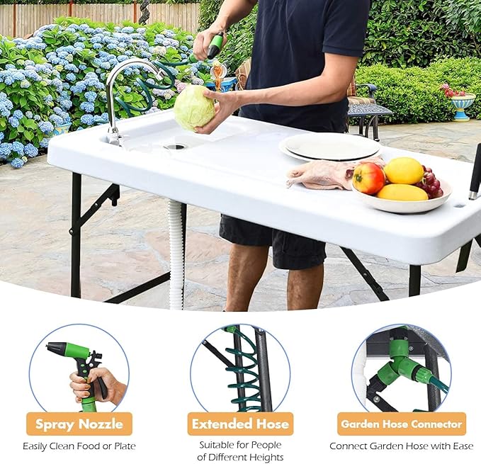 GYMAX Fish Cleaning Table with Sink Folding Fish Cleaning Station with Adjustable Spray Cleaner Foldable &amp Rotatable Faucet Portable Fillet Table for Outdoor Camping Fishing Picnic