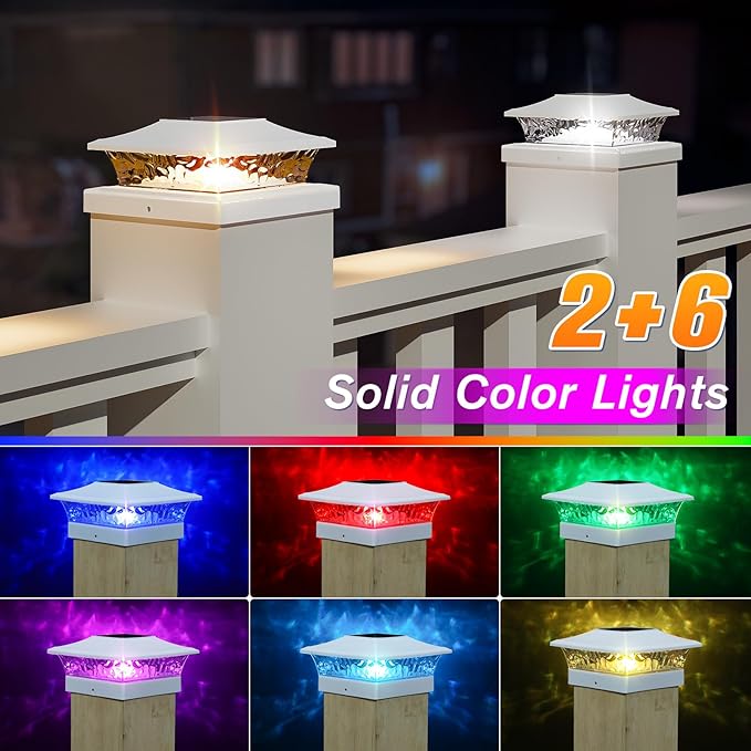 APONUO Solar Post Cap Lights with 8 RGB Solid Colors &amp Multicolor Flow - 4 Pack Fence Post Solar Lights IP65 Waterproof - Fits 4x4 5x5 6x6 Wood &amp Vinyl Posts - White