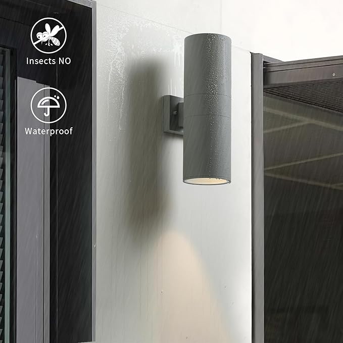 mirrea 18 Modern Outdoor Porch Light Patio Light in 2 Lights with Aluminum Cylinder and Tempered Glass Cover Waterproof Wall Sconce 2 Pack (Matte Gray)