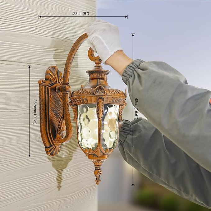 Outdoor Wall Lights Waterproof Aluminum Porch Wall Light for Outside House Patio Yard Garden Gold Gooseneck Exterior Wall Sconce Hardwired Outdoor Acorn Shape Lantern Water Ripple Glass 2pack