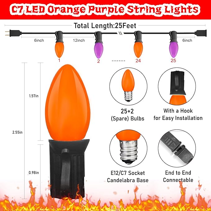 SUNSGNE C7 LED Halloween String Lights Outdoor 25FT Orange Purple String Lights with 27 Shatterproof Plastic LED Bulbs(2 Spare) for Patio Balcony Backyard Decor Black Wire