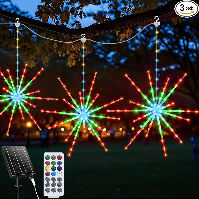 RGB Solar Firework Lights 3 Pack Color Changing Starburst Lights with Waterproof Remote Rechargeable Timer Hanging Firework Meteor Light for Garden Gazebo Porch Party Wedding Christmas Outdoor