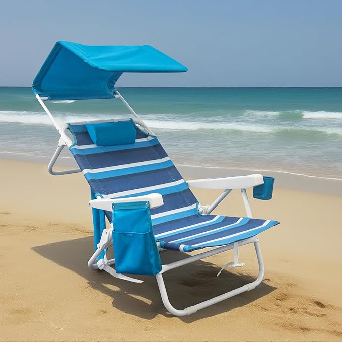 2 Pack Beach Chair with Canopy Shade 5 Positions Textilene Folding Reclining Beach Chair with Backpack Straps Cooler Bag &amp Cup Holder for Outdoor Lawn Camping