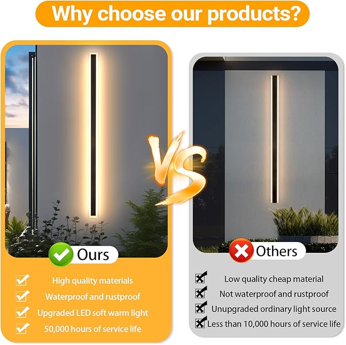 79 Inch Modern Outdoor Wall Light IP65 Waterproof Exterior Wall Sconce 3000K LED House Lights Exterior Wall Lighting Anti-Rust Linear Long Outdoor Light