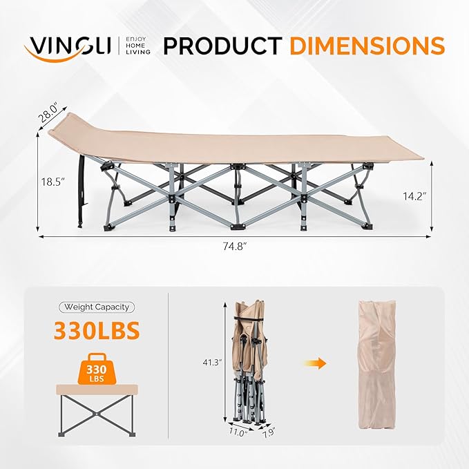 VINGLI Folding Camping Cot BedCamping Cots for Adults with Mattress Foldable Cots for Sleeping with Pillow 1200D Layer Oxford for for GuestTravelHiking-Brown 1P