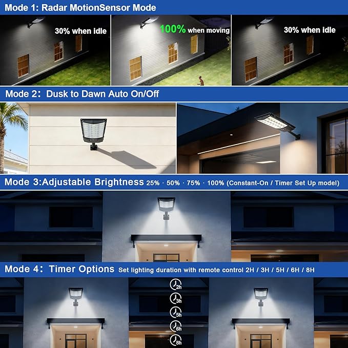 Solar Street Lights Outdoor 6-Pack 45000LM Dusk to Dawn Motion Sensor Light with Remote 7500K LED Solar Flood Light IP67 Waterproof Wall Mount Security Light for Yard Garage Driveway