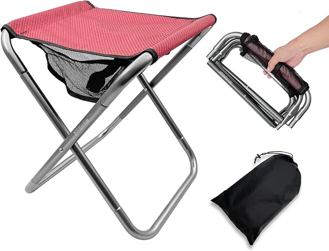 Folding Camping Stool 16 Inch Tall Portable Folding Stool Aluminum Alloy Lightweight Stool Seat Red Foldable Stool with Carry Bag for Fishing Outdoor Camping Hiking and BBQ (Red)