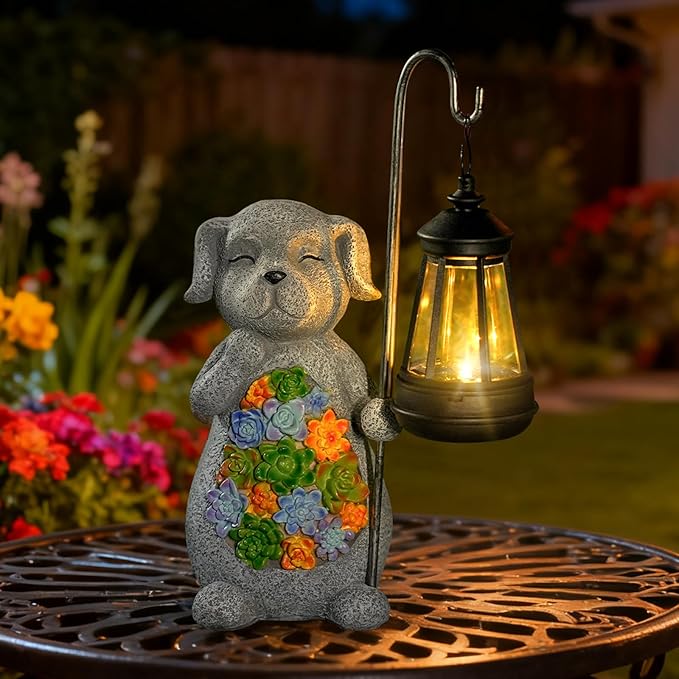 Solar Dog Garden Statue with Lantern – Waterproof Resin Outdoor Decor for Yard Lawn Flower Bed Backyard Front Yard Patio Balcony – Gift for Dog Lovers