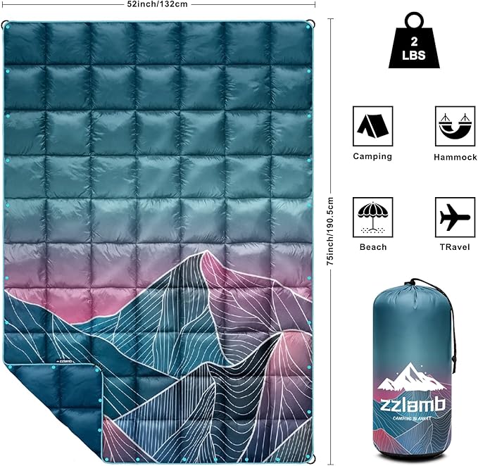 zzlamb Camping Blanket for Cold WeatherOutdoor Puffy Blanket Portable Down AlternativeWindproof Warm Cloak with SnapsCozy Quilt Backpacking Picnic RV Travel Plane Car Hammock Beach Climbing