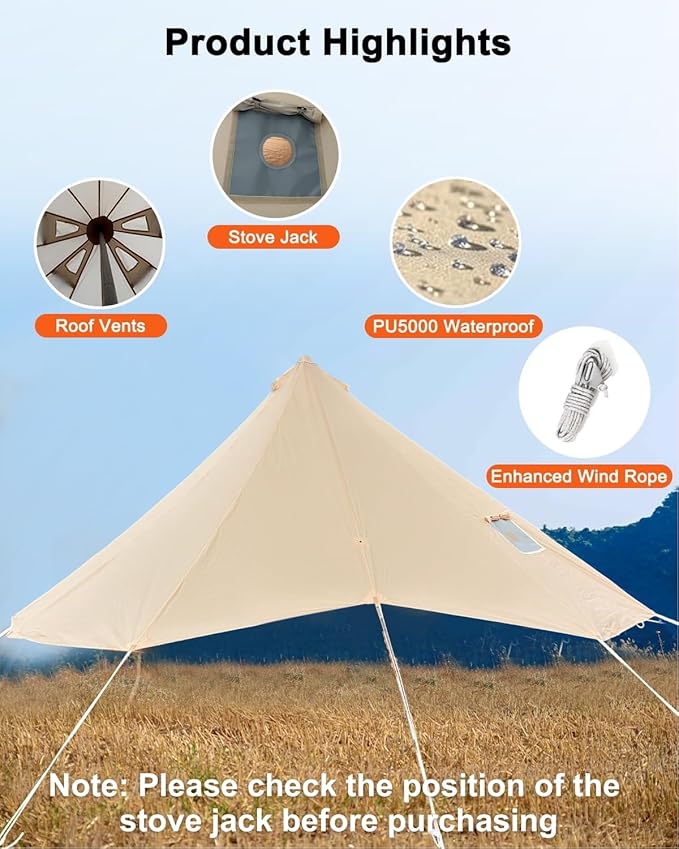 Bell Tent Rain Cover Protector with Stove Jack and Roof Vents for CampingWaterproofPU5000Glamping Bell Tent Rain Fly with Stove Jack4 Season(Beige for 16.5ft(5m) Size)