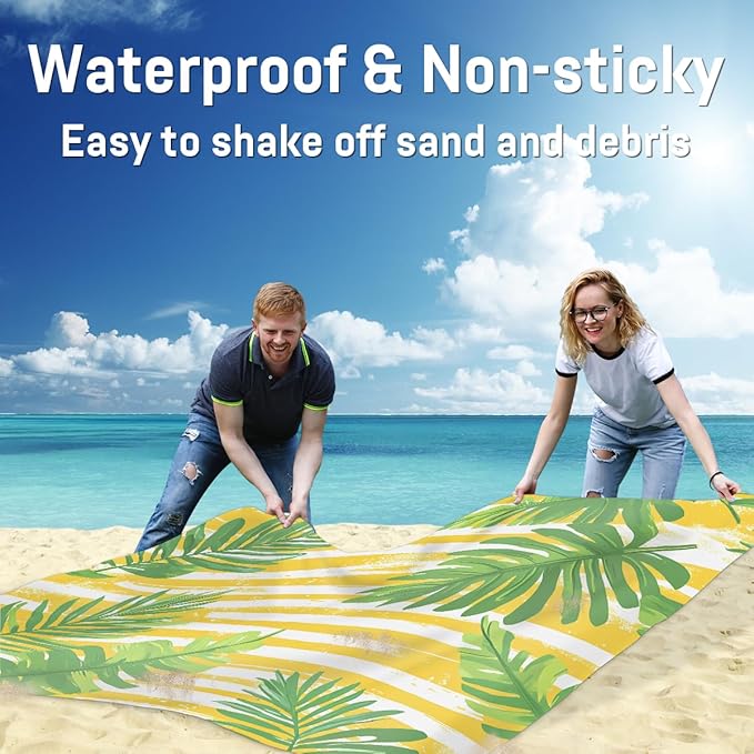 Waterproof Sandproof Beach Blanket 59''×68'' Plants Sequoia Leave Polyester Outdoor Picnic Blanket with 4 Stakes &amp Storage Bag for BeachCampingVacation