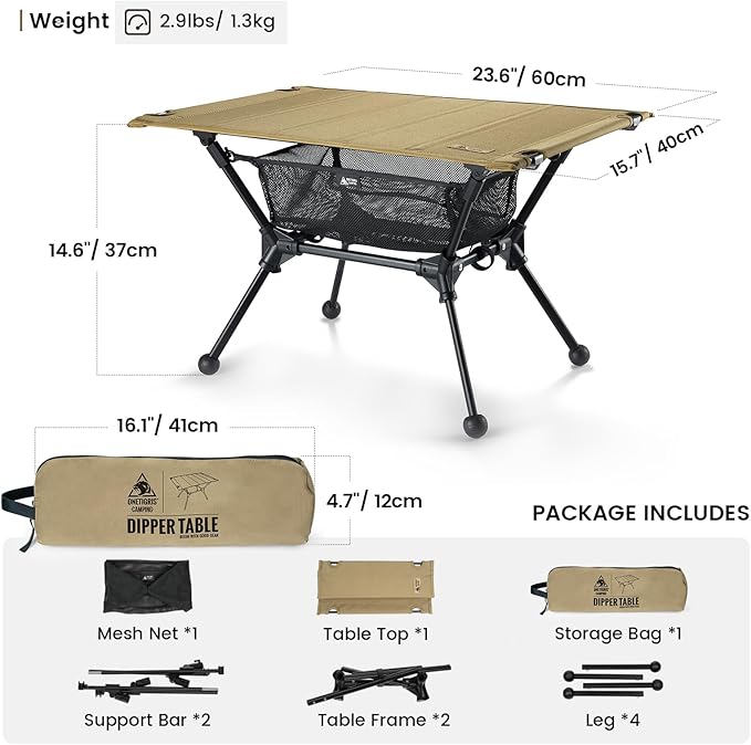 ONETIGRIS Dipper Camping Table Lightweight Portable Folding Table with Mesh Storage Net High/Low Options Ideal for Camping Hiking Tailgating Beach Picnic Travel Backyard