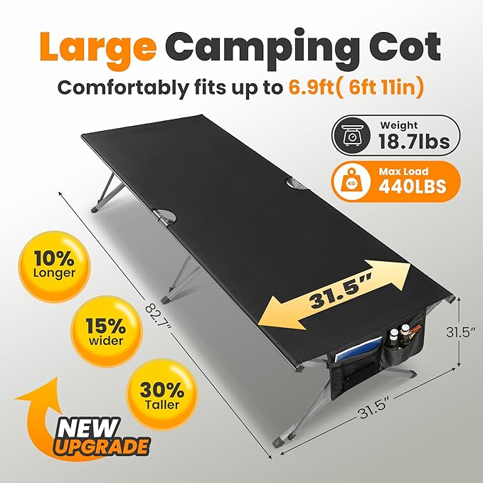 Oversized Camping Cot Foldable for Adults - Upgraded Version Easy-to-Assemble Sleeping Cots for Outdoor Supports Campers up to 6.9ft or 450lbs with Storage Bag 82” L x 32” W (Black)