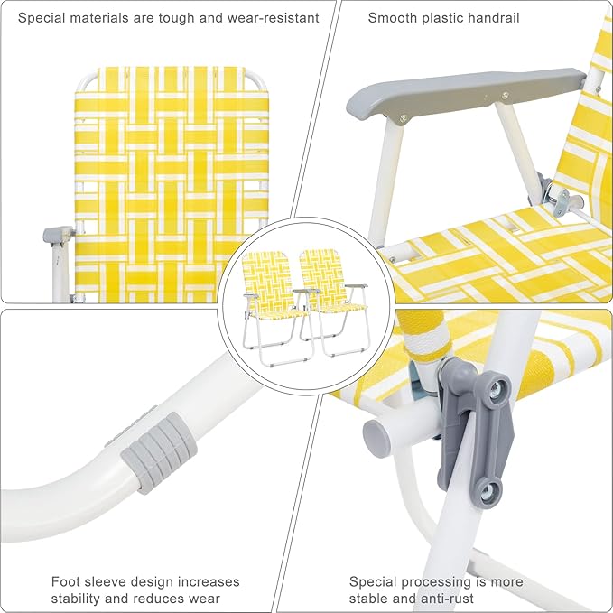 Folding Beach Chair2 Pcs Steel Tube Camping Chair for CampingBeachFishingPicnicYard Garden (Yellow&amp White)
