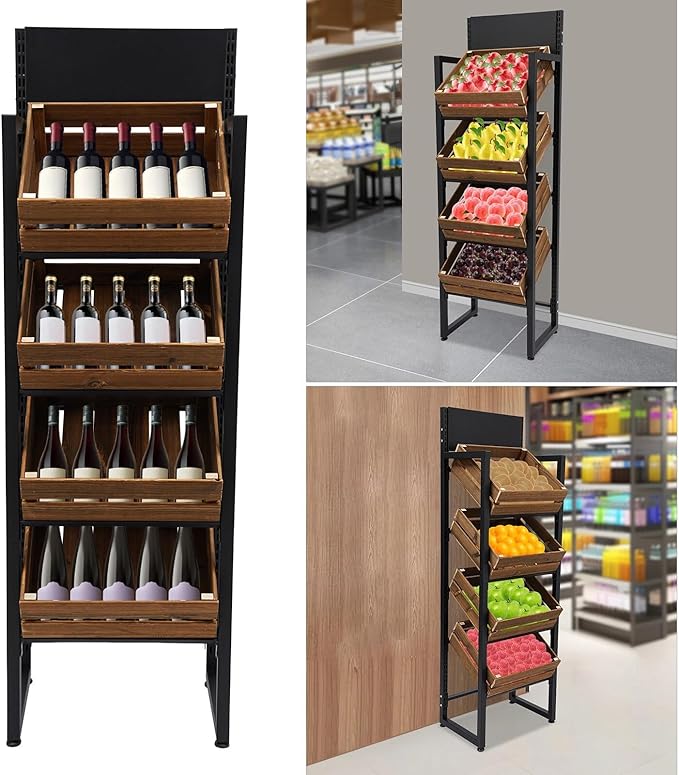 Wooden Fruit Vegetable Storage Rack 4 Tier Solid Wood Baskets Charcoal Iron Frame Heavy Duty 44.09lbs Per Shelf Capacity For Kitchen Pantry Produce Store Display Easy Assembly Adjustable Feet