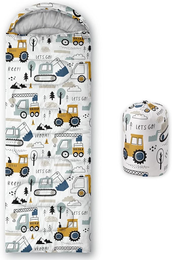 Kids Sleeping Bag for Boys GirlsConstruction Truck Print-Lightweight Warm Portable Outdoor Indoor-Waterproof Cold Weather Resistant Sleeping Bag for Camping Hiking(Truck)