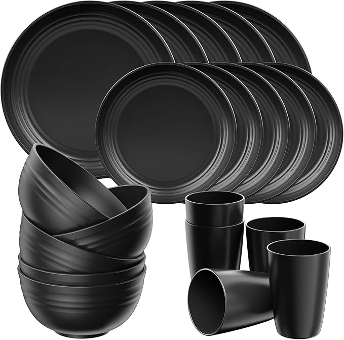 Quatish 20 Piece Plates and Bowls Sets for 5 Unbreakable Dinnerware Sets Plastic Dish Set for Camping Dishwasher Microwave Safe Outdoor Kitchen and Apartment Dinning RV Essentials Black