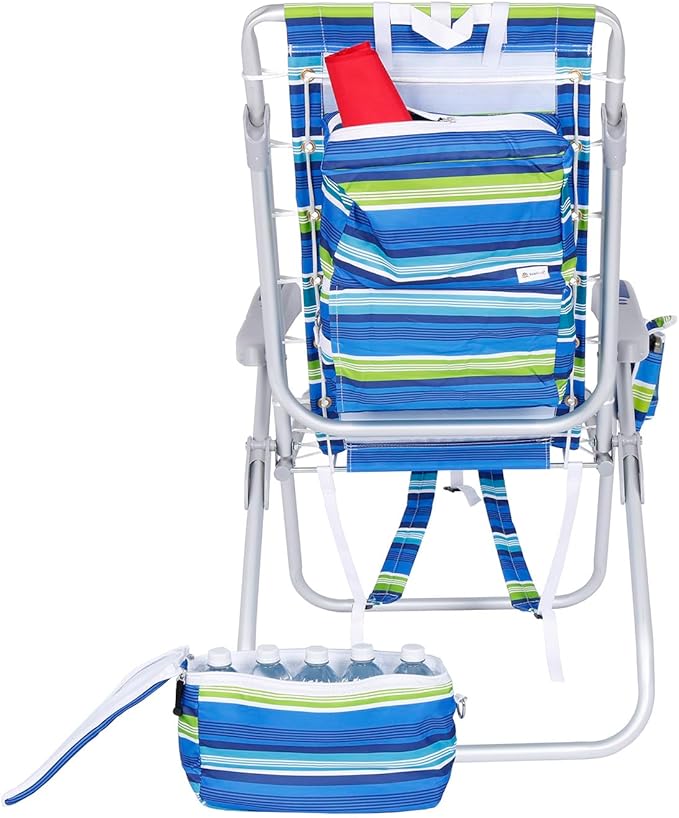 Ultimate Heavy Duty High Seat Aluminum Folding Backpack Beach Chair for Adults | Lay Flat 5 Reclining Positions | Removable Insulated Cooler Pouch &amp Canopy for UV Protection