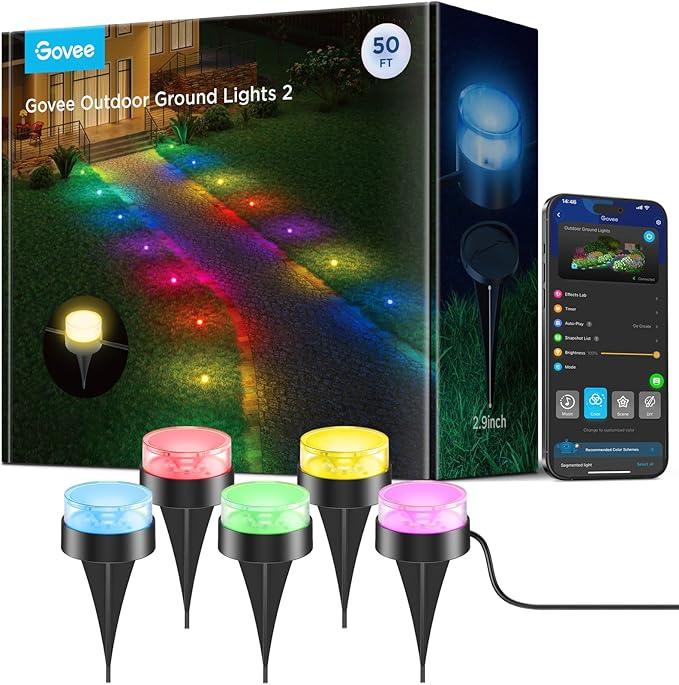 Govee Outdoor Ground Lights 2 50ft Patio Decorations 15 Pack RGBIC Pathway Lights with 100LM Warm White IP67 Waterproof 63 Scene Modes Works with Alexa Google Assistant