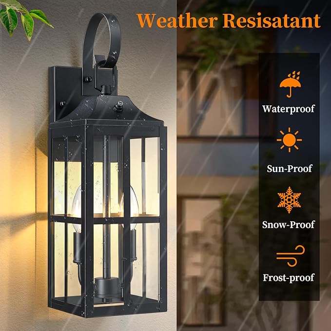 2 Pack 19 Large Outside Modern Wall Sconce Light Fixture Industrial Porch Light Wall Mount with Glass Waterproof Farmhouse Exterior Lamp Lighting Bulbs Included