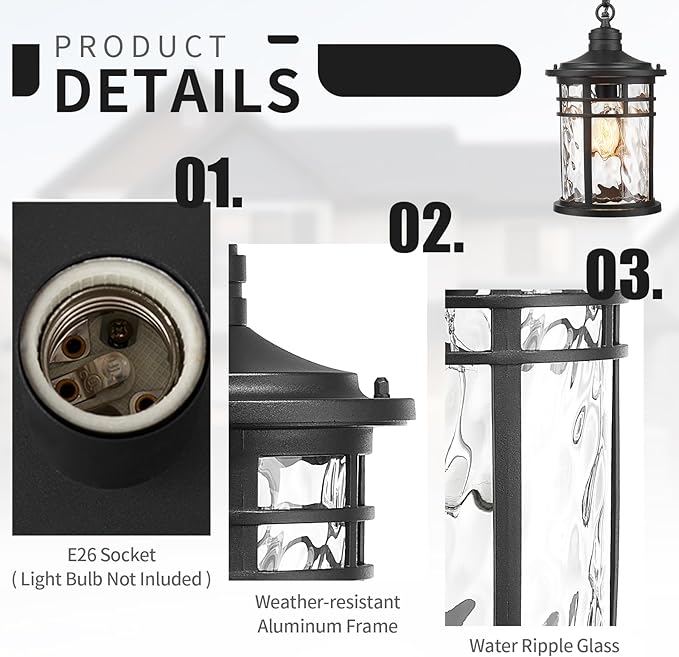 Darkaway Dusk to Dawn Outdoor Pendant Light 14inch Hanging Porch Light Outdoor Chandelier Ceiling Mount Waterproof Pendant Lights with Water Ripple Glass for Patio Entrance Foyer Entryway