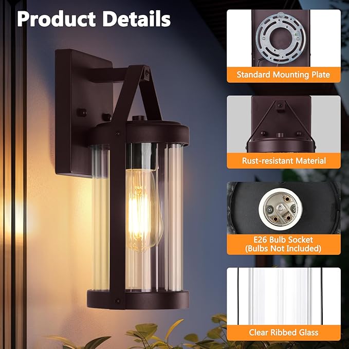 2-Pack Outdoor Wall Lights Waterproof Light Fixtures Wall Mount with Clear Ribbed Glass Modern Brown Exterior Wall Sconce Front Porch Outside Lights for House Patio Garage Bulbs Not Included