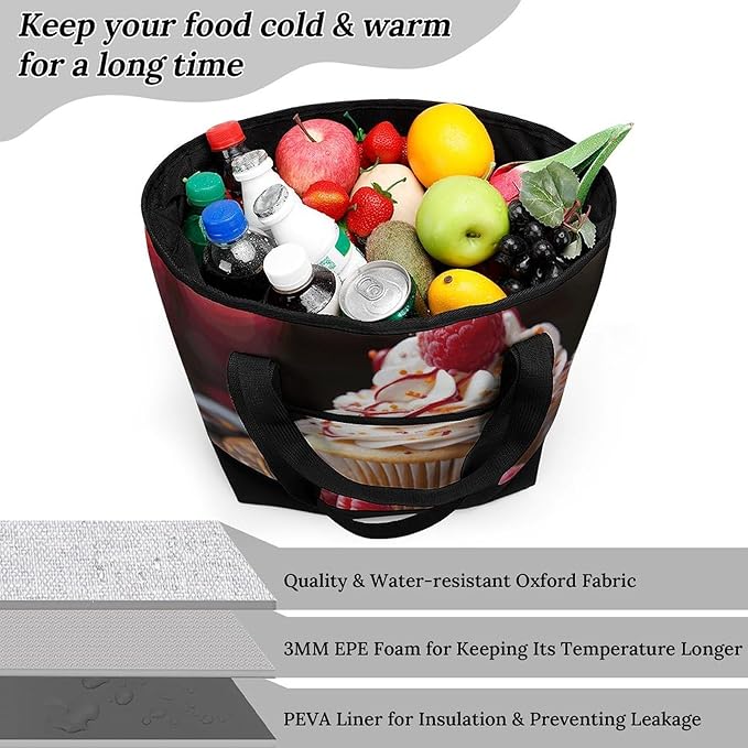 Insulated Shopping BagLarge Reusable Cooler Bags Cupcake Dessert Printed Foldable Shopping BagTravel Waterproof Shoulder Bag