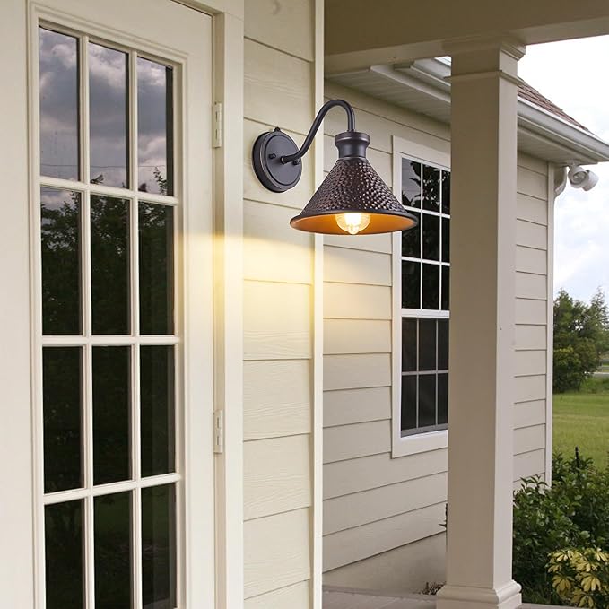 Dusk to Dawn Outdoor Gooseneck Wall Sconce with Dark Sky Cast Hammered Aluminum Shade in Oil Rubbed Bronze FinishAnti-Rust Waterproof Outdoor Light for Farmhouse Porch Garage1-Light E26