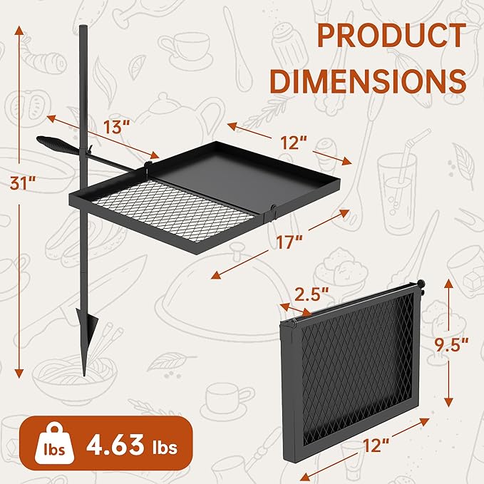 Folding Campfire Grill grate Compact Height-Adjustable Fire Pit Grilling Grate Heavy Duty Swivel Over Fire Cooking Grate with Handbag for Outdoor Camping Hiking Backpacking and Family Gatherings