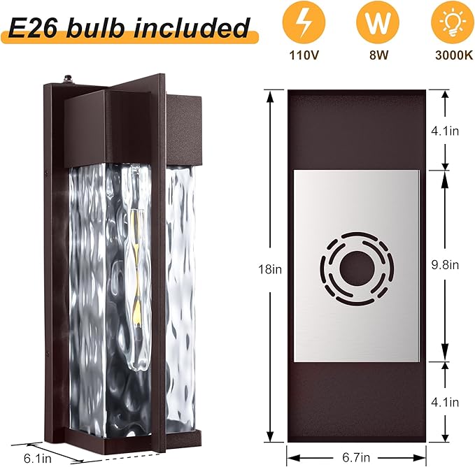 18IN Modern Exterior Lighting Fixtures(T300 Bulb Included) Dusk to Dawn Outdoor Lighting Waterproof Rippled Glass Wall Sconces Open Bottom Outside Lights for House Porch Garage(Bronze)