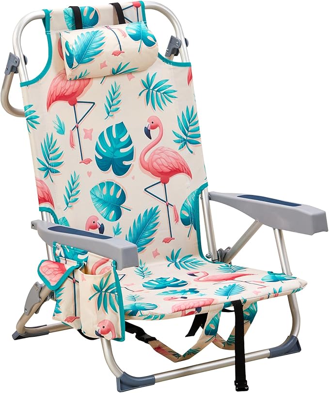 Vasitelan Outdoor Folding Backpack Beach Chair with 5 Positions Towel bar Cooler Pouch Cup HolderFolding Beach Chair with Backpack Straps (Flamingo Short)