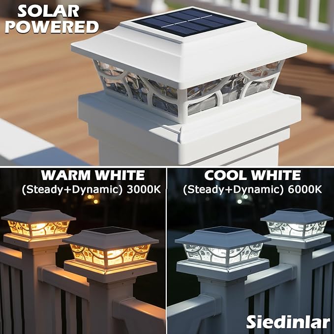 SIEDiNLAR Solar Post Lights Outdoor 4 Modes Fence Deck Post Cap Light for 4x4 5x5 6x6 Wooden Vinyl Posts Garden Patio Decor Warm White &amp Cool White Dynamic Lighting White (10 Pack)