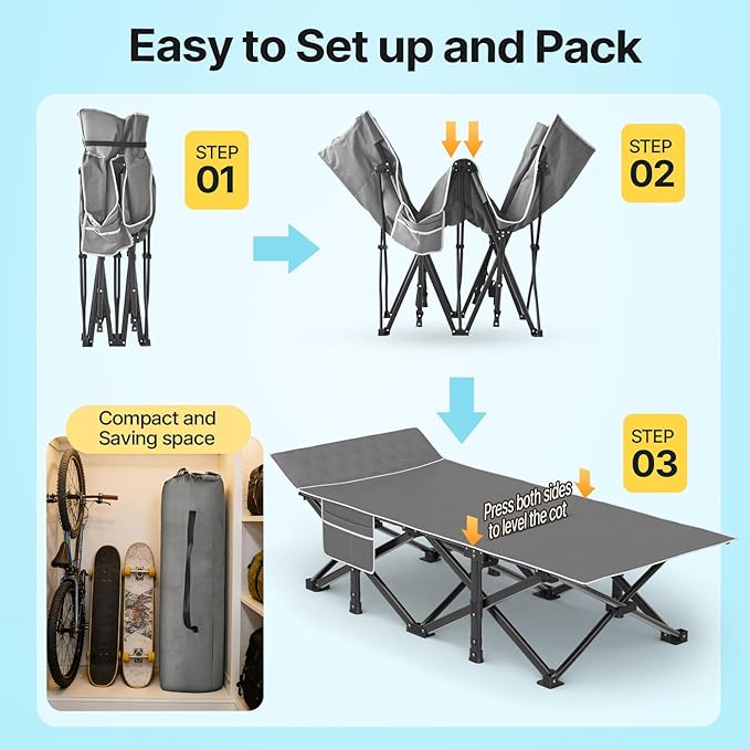 Slendor XXL Folding Camping Cot for Adults with Mattress Pillow Carry Bag 32 inch Extra Wide Portable Sleeping Cot 900LBS Support Outdoor Cot Bed for Office Nap Beach Travel RV